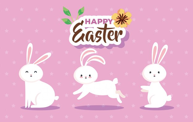 Vector happy easter card with cute rabbits