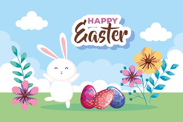 Happy easter card with eggs decorated and rabbit