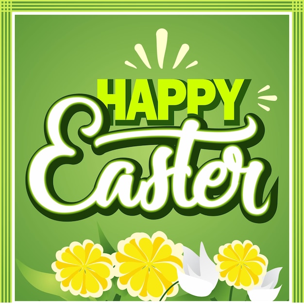 Happy Easter Card with Eggs Grass Flowers Bokeh Effect Vector illustration