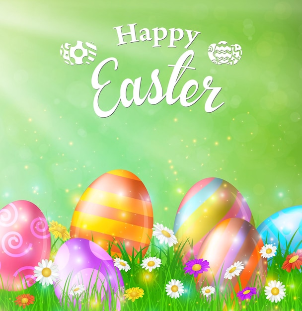 Happy easter card with eggs grass flowers