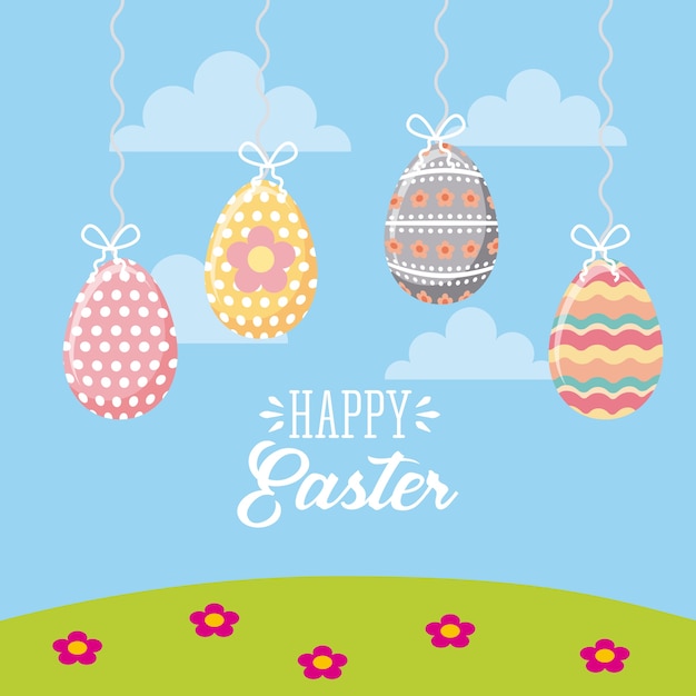 Happy easter card with eggs hanging