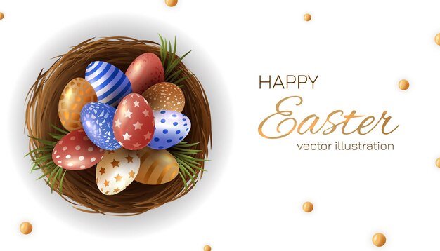 Happy easter card with eggs many beautiful realistic eggs egg basket vector illustration greeting