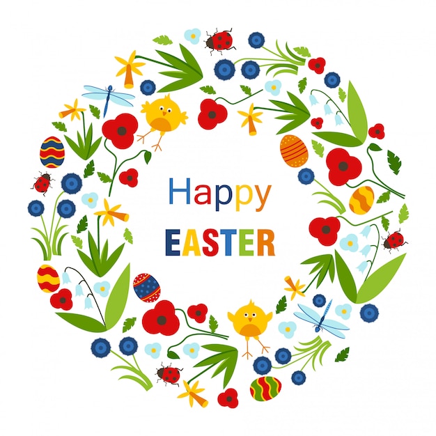 Happy Easter card with floral wreath.