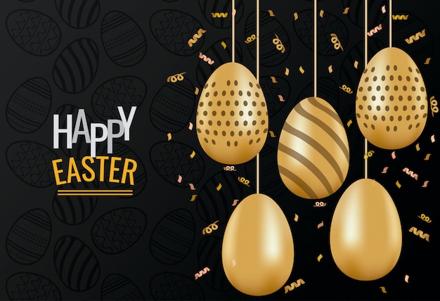 Vector happy easter card with golden eggs painted hanging vector illustration design