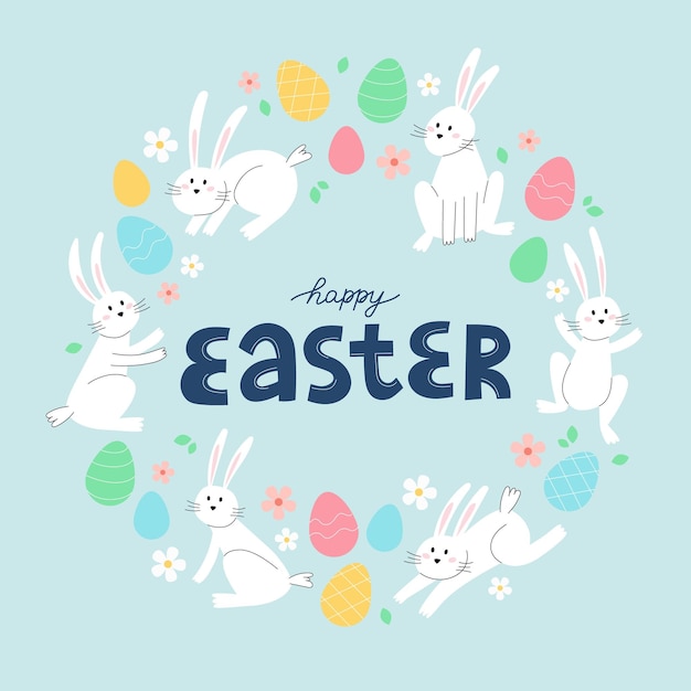 Vector happy easter card with lettering bunnies and eggs