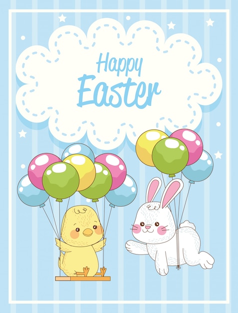Счастливая пасхальная открытка с кроликом и птенцом в гелиевых шарах