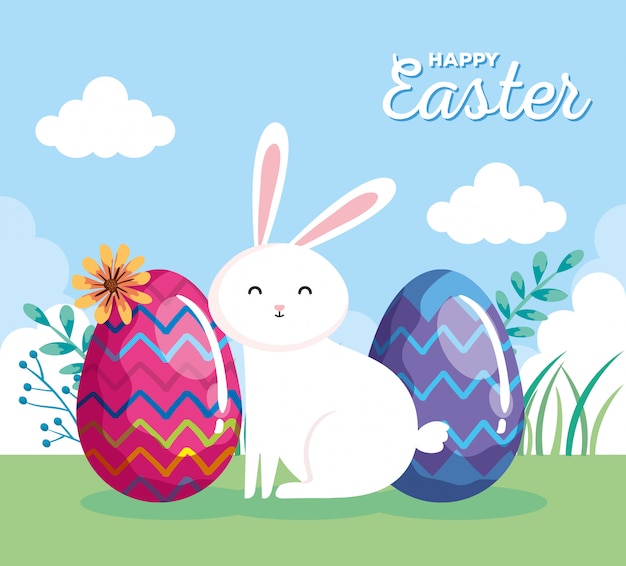 Счастливая пасхальная открытка с кроликом и яйцами в ландшафте