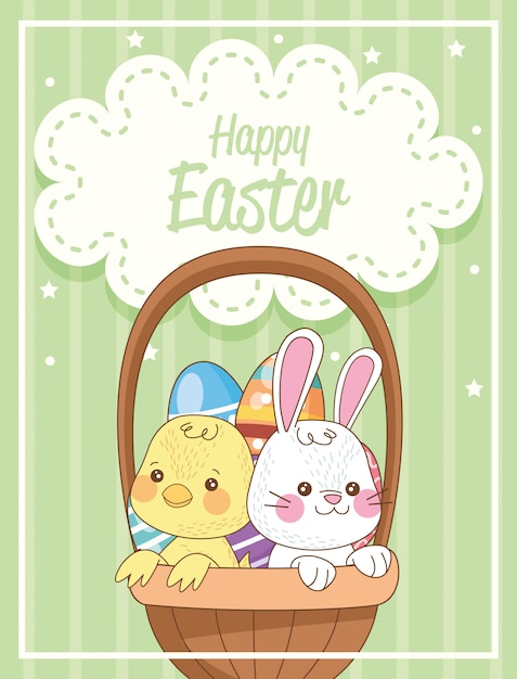 Happy easter card with rabbit and chick in basket