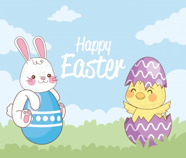 happy easter card with rabbit and chick and eggs painted