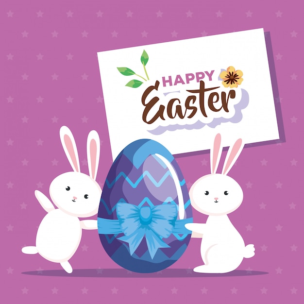 Carta di pasqua felice con coniglio e l'uovo decorati