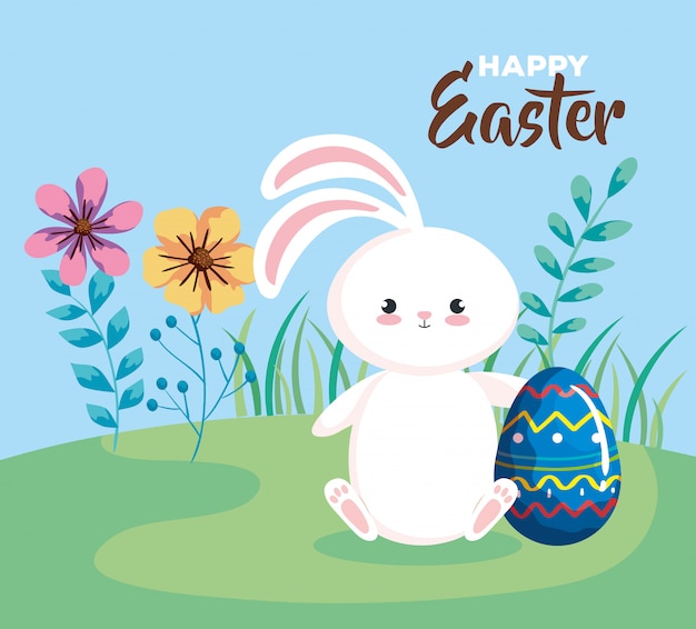 Happy easter card with rabbit and egg in landscape