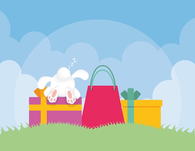 Vector happy easter card with rabbit and gifts in camp scene vector illustration design