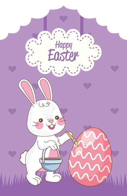 Happy easter card with rabbit painting egg