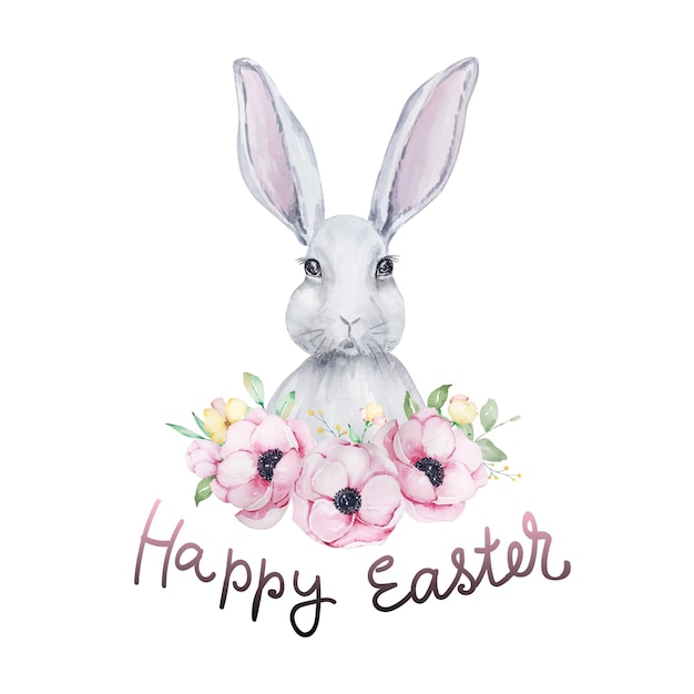 happy easter card with Watercolor easter bunny with floral wreath.