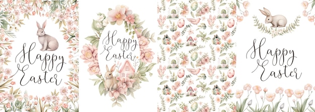 Happy Easter cards set Spring floral templates Hand drawn watercolor