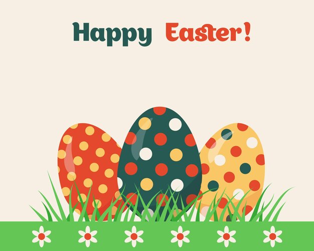 Vector happy easter cart or background. traditional easter eggs in grass.