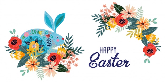 Vector happy easter. cartoon cute folk rabbit with bouquet of flowers and text. horizontal