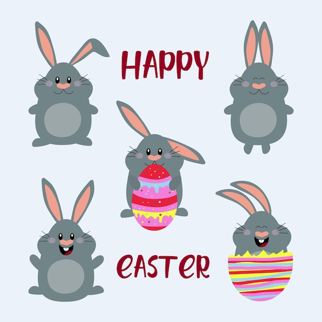 Happy Easter cartoon style easter bunnies set with easter eggs