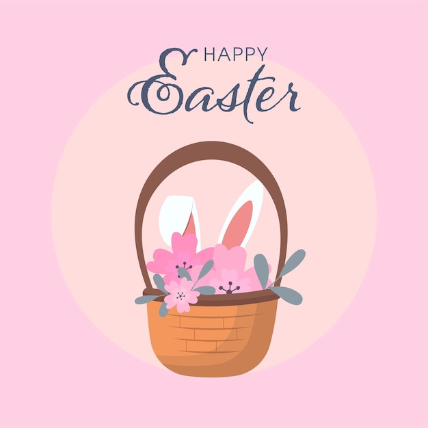 Happy Easter Celebration Concept With Bunny Ears And Flowers In Basket On Pink Background.