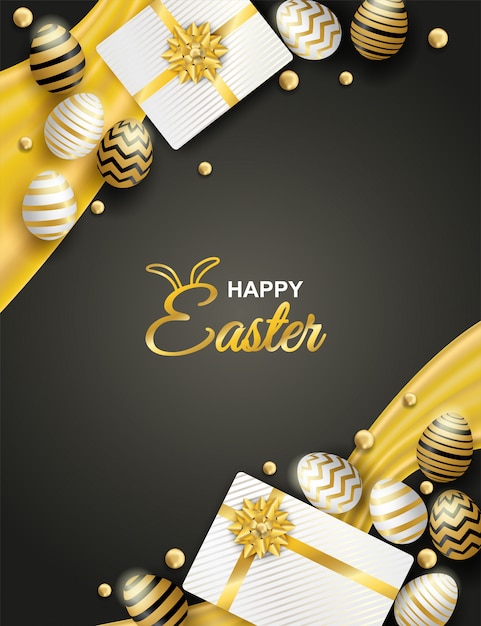 Happy easter celebration. golden and white easter egg and gift box on black background