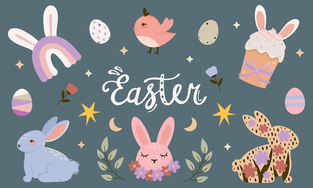 Счастливой Пасхи Клипарт Кролики Пасхальные яйца цветы и элементы сладости Милый и простой набор