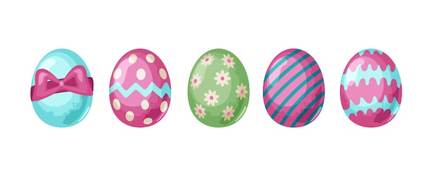 Happy Easter collection of eggs with different textures patterns and festive decorations on a white background Spring holiday Vector flat illustration