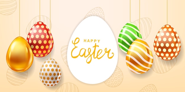 Happy Easter Colored Eggs banner template lettering Realistic shine decorated painted eggs
