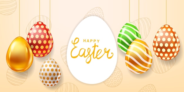 Happy easter colored eggs banner template lettering realistic shine decorated painted eggs