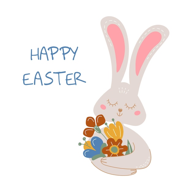 Happy Easter colored greeting card with rabbit holding bouquet of flowers Vector postcard with cute