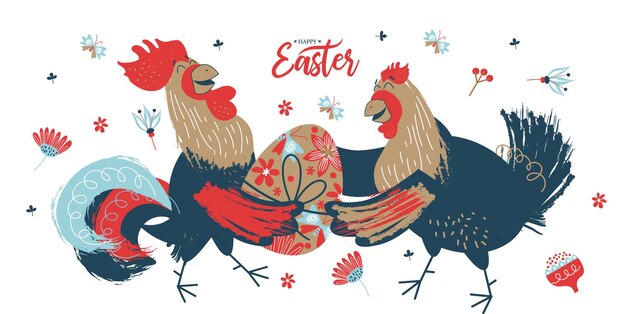 Vector happy easter colorful easter banner congratulations on easter funny chicken and cockerel with painted easter eggs