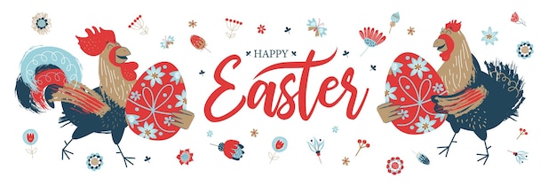 Buona pasqua banner colorato di pasqua congratulazioni per pasqua pollo e galletto divertenti con uova di pasqua dipinte