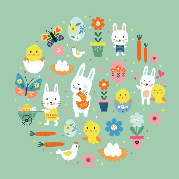 Vector happy easter colorful illustration with cute bunny, egg, flower, branch, chicken