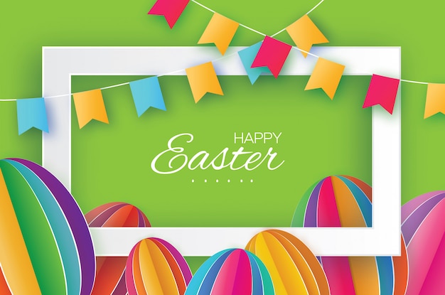 Happy easter. colorful paper cut easter egg, flags. rectangle frame