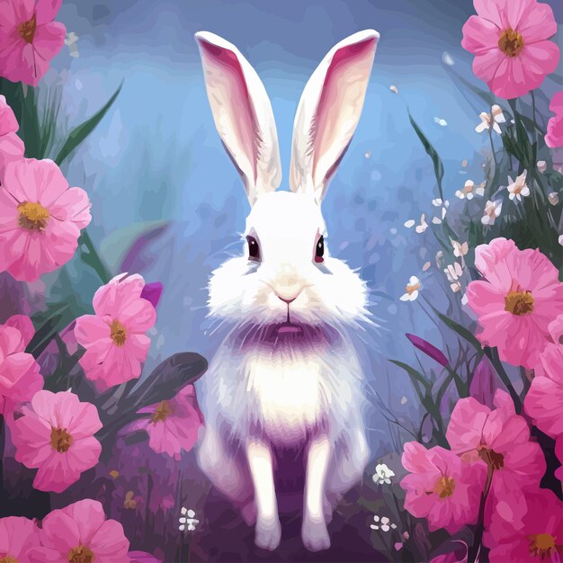 Vector happy easter cute beautiful easter bunny in a sunny meadow in flowers decorated easter card greeting