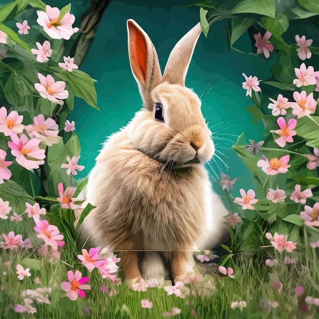 Happy easter cute beautiful easter bunny in a sunny meadow in flowers decorated easter card greeting