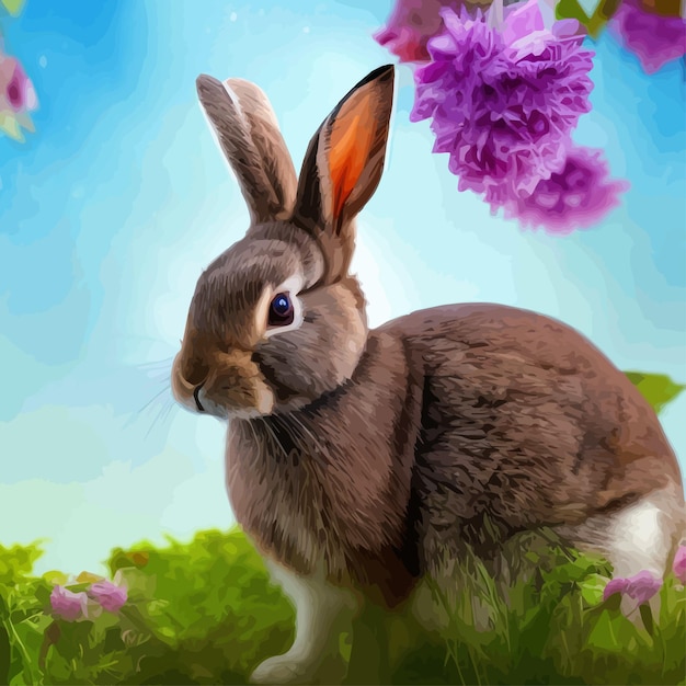 Happy easter cute beautiful easter bunny in a sunny meadow in flowers decorated easter card greeting