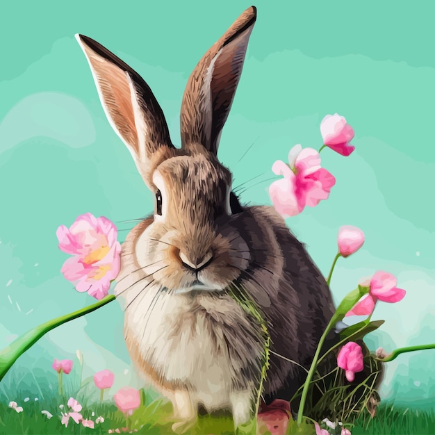 행복한 부활절 귀여운 아름다운 부활절 토끼  ⁇ 은 초원에서 꽃으로 장식 된 부활절 카드 인사