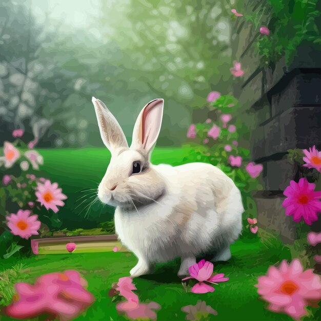 Happy easter cute beautiful easter bunny in a sunny meadow in flowers decorated easter card greeting