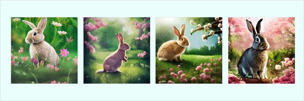 Happy easter cute beautiful easter bunny in a sunny meadow in flowers decorated easter card greeting