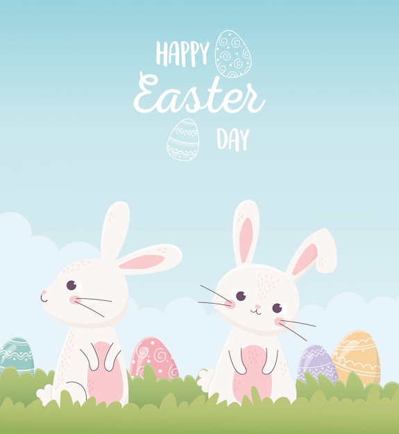 Happy easter cute bunnies with eggs invitation, greeting card
