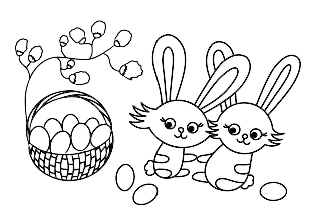 벡터 행복 한 부활절 귀여운 토끼와 계란 바구니 흑인과 백인 벡터 일러스트 레이 션