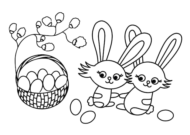 Happy Easter Cute bunny and basket with eggs Black and white vector illustration