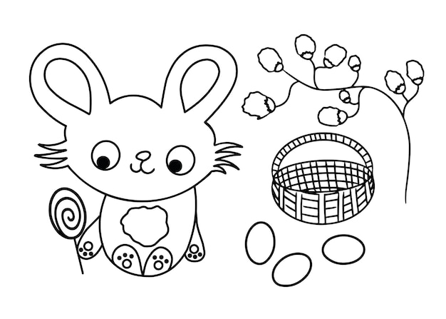 Buona pasqua simpatico coniglietto e cesto con uova illustrazione vettoriale in bianco e nero