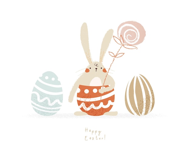 Счастливой пасхи милый кролик иллюстрация нарисованная рукой забавная открытка с кроликом в мультяшном стиле