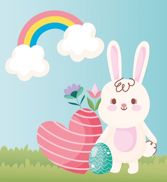 happy easter cute bunny with egg heart and flowers outdoor illustration