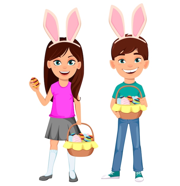 Vector happy easter. cute children wearing bunny ears