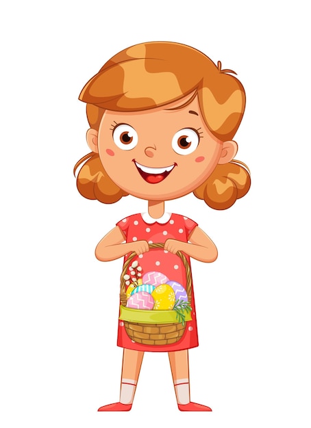 Happy easter. cute girl cartoon character holding basket with colored eggs. easter chicken costume. stock vector illustration on white background