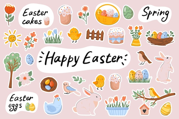 Happy Easter cute stickers template scrapbooking elements set