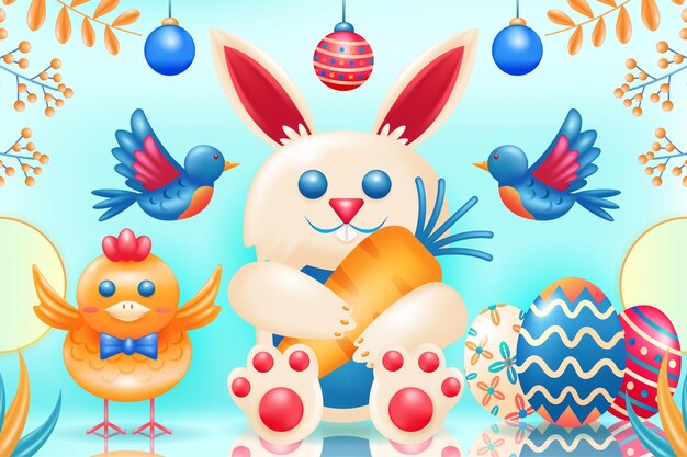 Happy Easter Day 3d illustratie van een konijn met wortelen, kuikens, eieren en vogels