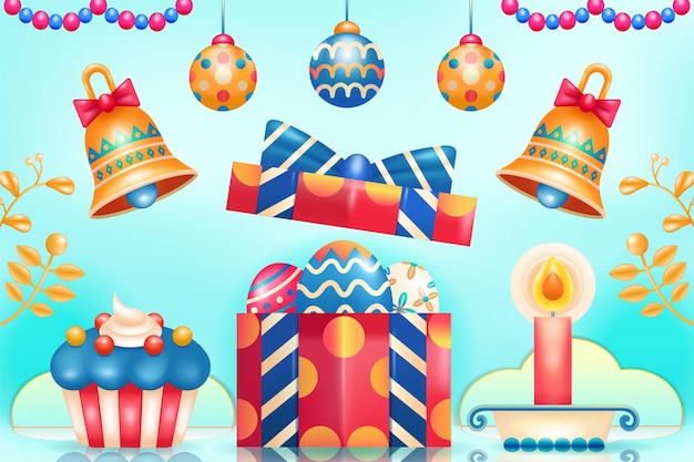 С днем пасхи 3d иллюстрация подарков, яиц, колокольчиков, тортов и свечей